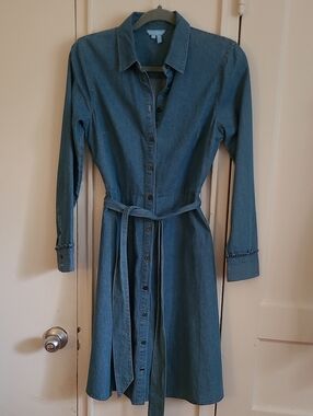 Draper James Blue Denim Long-Sleeve Shirt Dress with Waist Tie